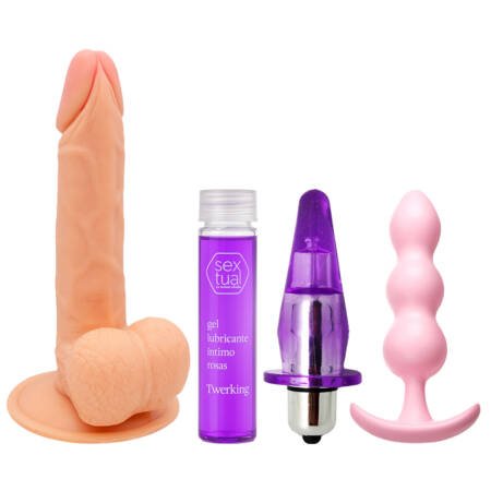 Kit con consolador recto 16 x 3,3 cm + plug anal + dilatador vibrador + gel