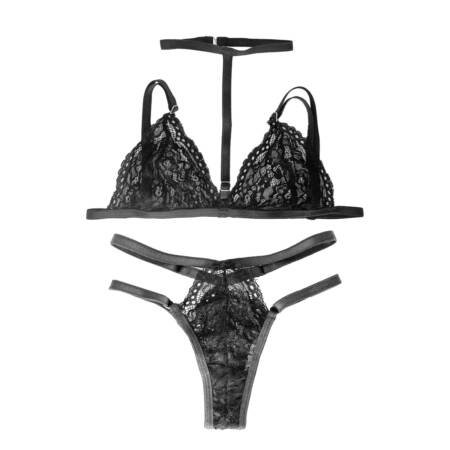 Conjunto De Encaje Corpiño con Collar + Tanga Less Doble Tira