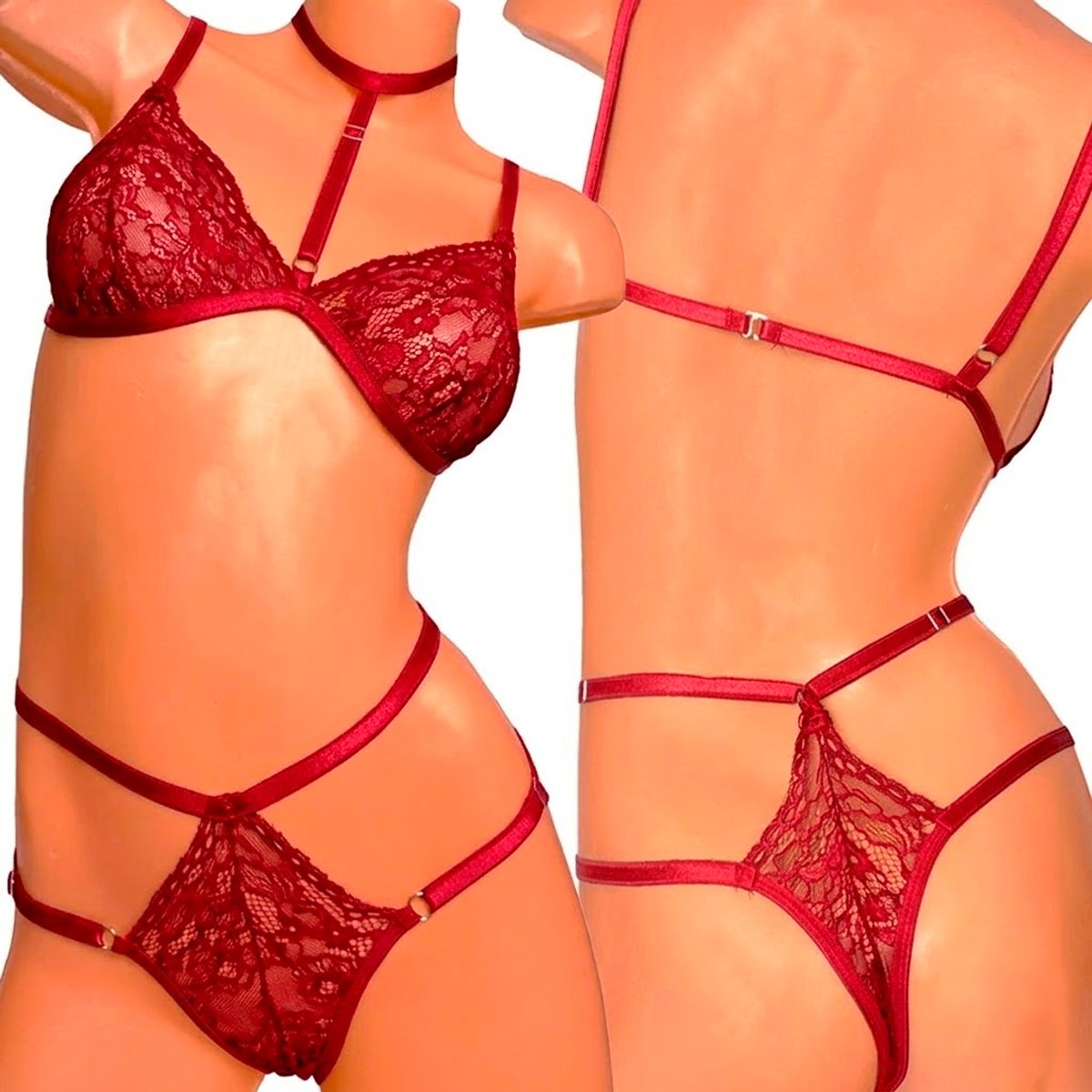 Conjunto De Encaje Corpiño con Collar + Tanga Less Doble Tira + Liguero - Imagen de 5