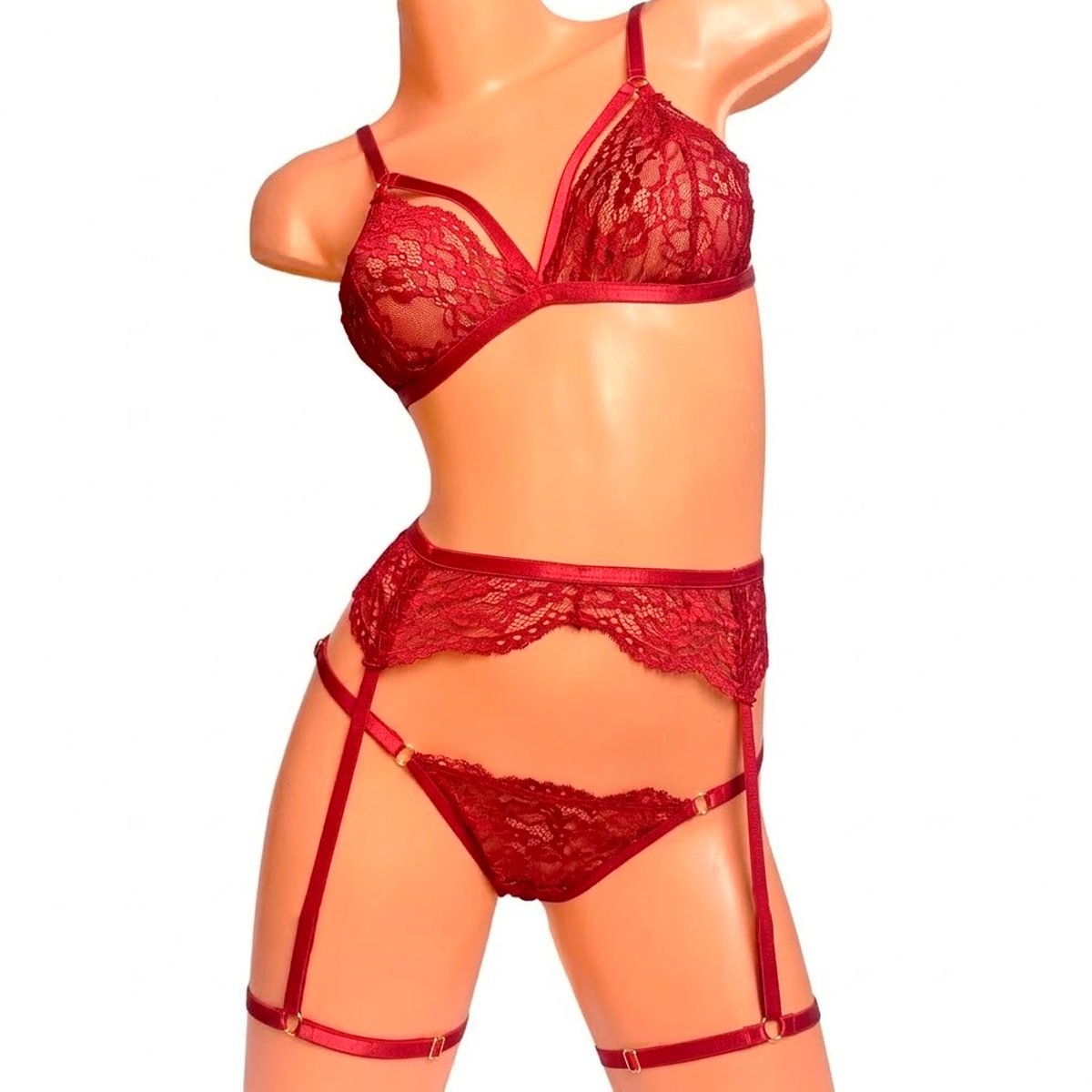 Lencería De Encaje Con Corpiño Tanga Less y Liguero - Imagen de 3