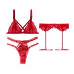Conjunto De Encaje Corpiño Cruzado + Tanga Less Doble Tira + Liguero