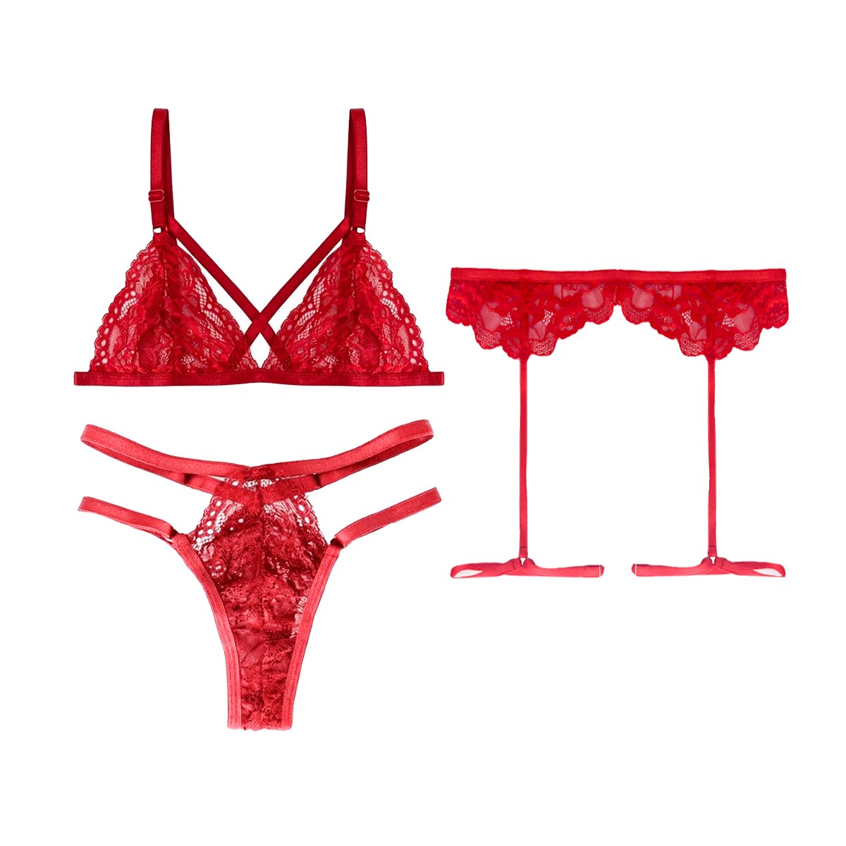 Conjunto De Encaje Corpiño Cruzado + Tanga Less Doble Tira + Liguero