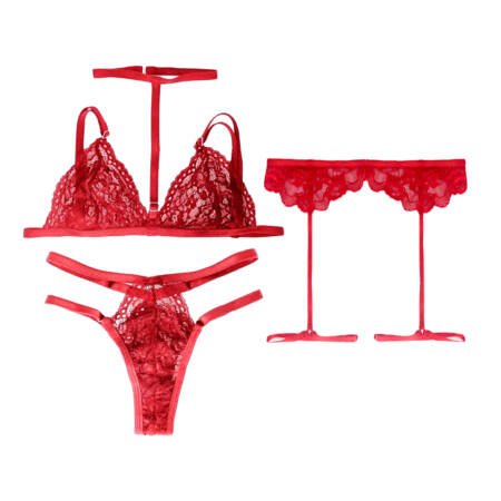 Conjunto De Encaje Corpiño con Collar + Tanga Less Doble Tira + Liguero