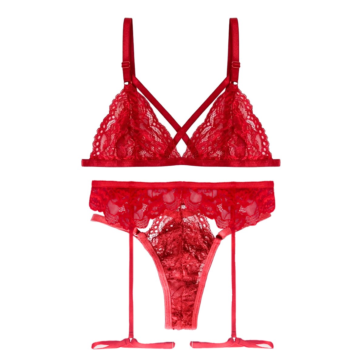 Conjunto De Encaje Corpiño Cruzado + Tanga Less Doble Tira + Liguero - Imagen de 2