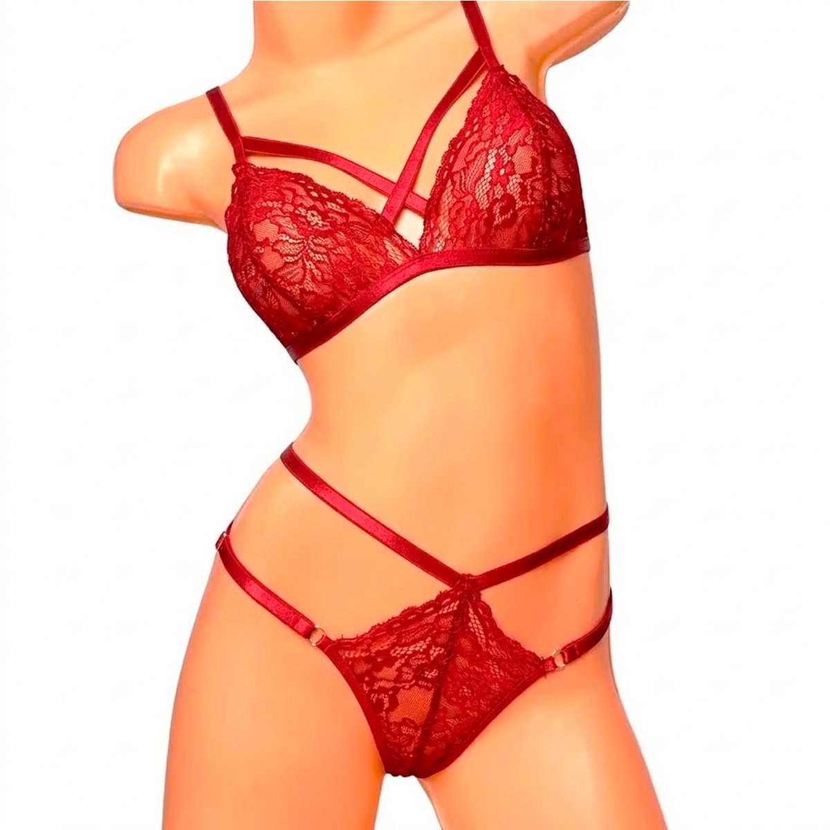 Conjunto De Encaje Corpiño Cruzado + Tanga Less Doble Tira - Imagen de 3